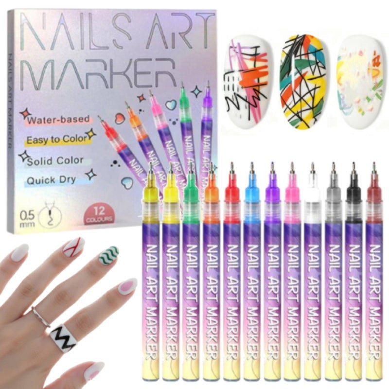 12 Colors Nail Art Marker Pens Set, Na-il Markers Doodle Pen, Nails Polish Pens Quick Dry Nails Ar-t Tools for Nail Art, Nai-l Painting, And Artistic Decorations, Suitable for Everyone - Image 1